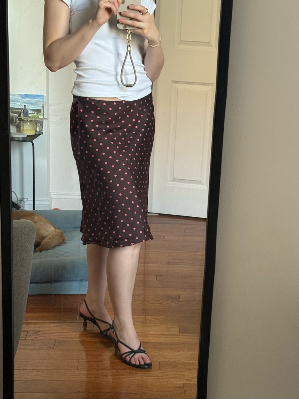 Vintage Jones New York Brown midi Skirt with Pink Polka Dots 100% silk